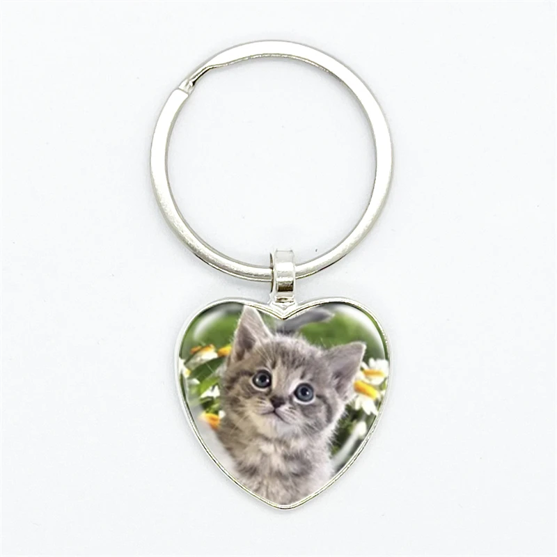 Cute Pet Cat Heart Pendant Keychain For Women Men Fashion Metal Glass Dome Jewelry Child Gift Accessories Souvenir