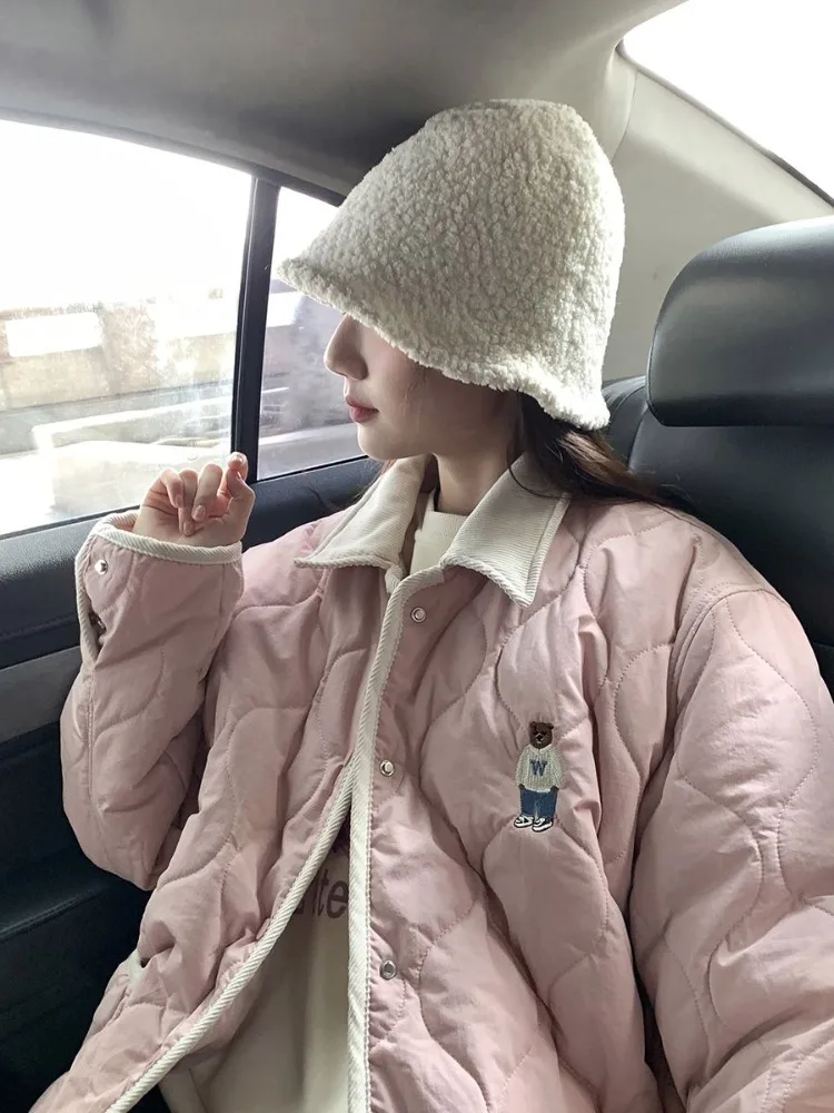 Deeptown Japanese Style Pink Bear Bomber Padded Jakcets Women Vintage Cute Kawaii Oversize Patchwork Beige Coat Sweet Parkas