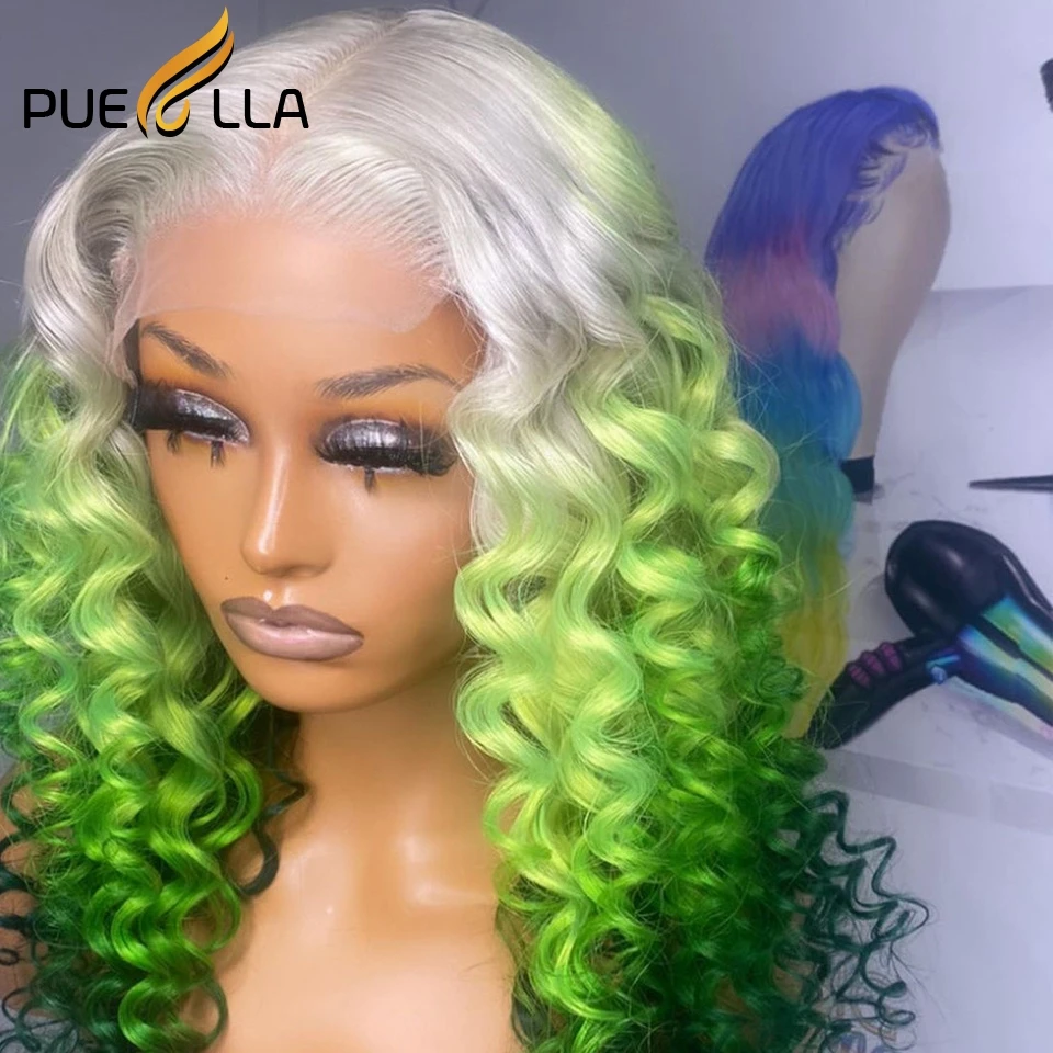 Ombre Green 4x4 Deep Wave Human Hair Wig Long Curly 13x6 Lace Front Wigs for Black Women Deep Wave 13x4 Lace Frontal Wig