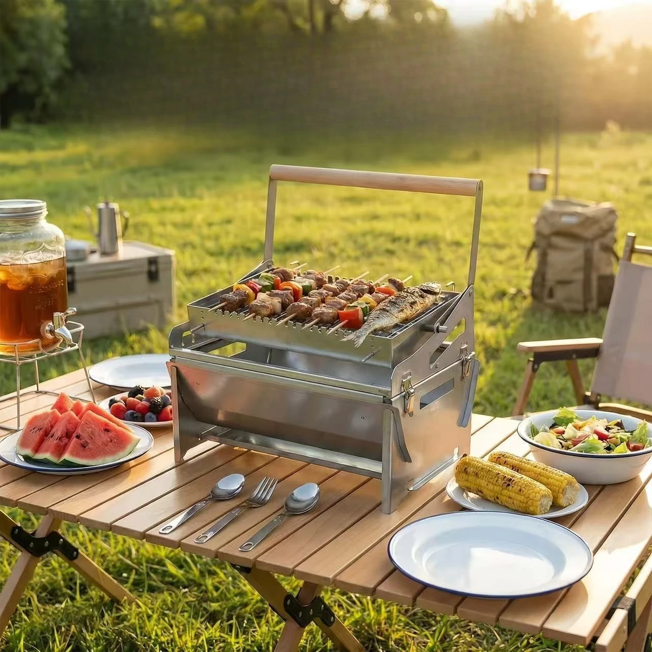 Portable Charcoal BBQ Grill Detachable Flip Outdoor Rotating Barbecue Rack