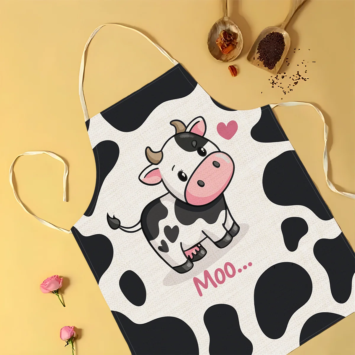 1pc Cute Cartoon Cow Print Kitchen Apron for Women and Kids Funny Animal Design Cooking Baking BBQ Party Gift
