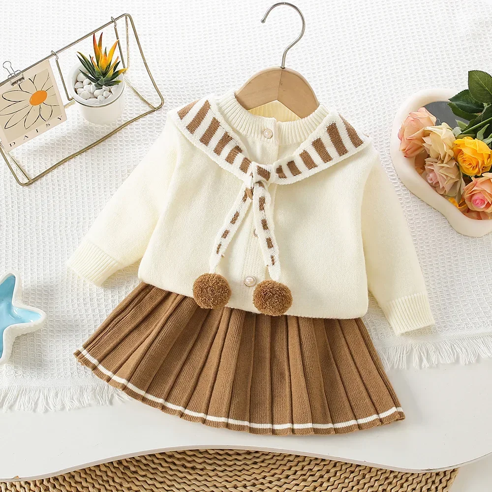 

Autumn Winter Children Princess Outfit Girls Vintage Nautical Striped Shawl Knit Cardigan Pleated Skirt Set