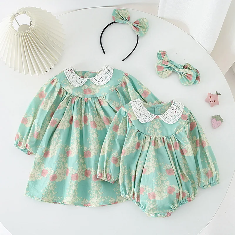 2024 New Spring Kids Princess Dresses Children Clothes Long Sleeved Cotton Print 1-5Yrs Girl Party Dress Baby Girl Romper