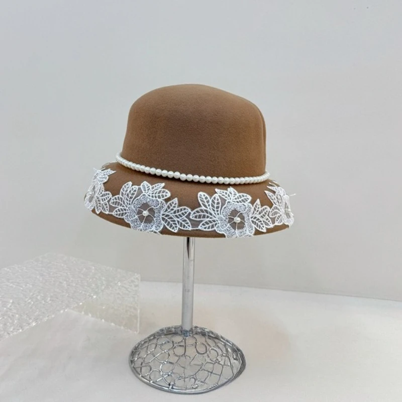French Light Luxury Lace Pearl Fisherman Hat High Quality Australian Wool Berets Hat Fashion Elegant Small Fragrance Hat