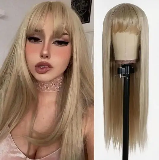 Peluca larga recta rubia con fibra resistente al calor, cabello sintético con flequillo, tocado de Cosplay de fiesta de moda para mujer