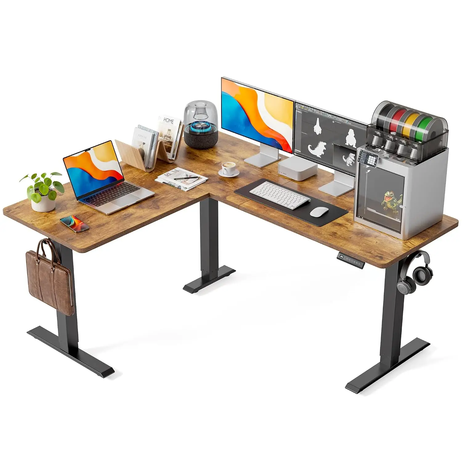 L-Shaped Standing Desk Adjustable Corner Workstation with Splice Board Home Office 63x55 Inch Rustic Brown, Customized