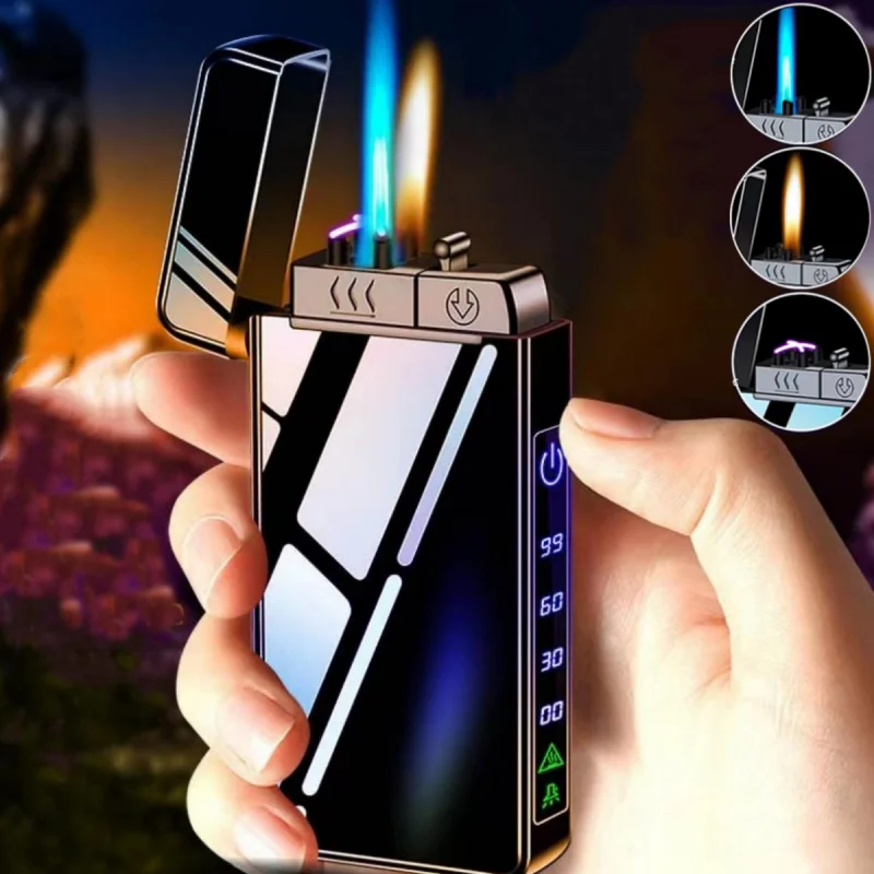 3 in 1 Unusual Butane Gas Lighter Windproof Dual Arc Open Fire Jet Fire Charge One Button Switch Visible Oil Window USB Lighter