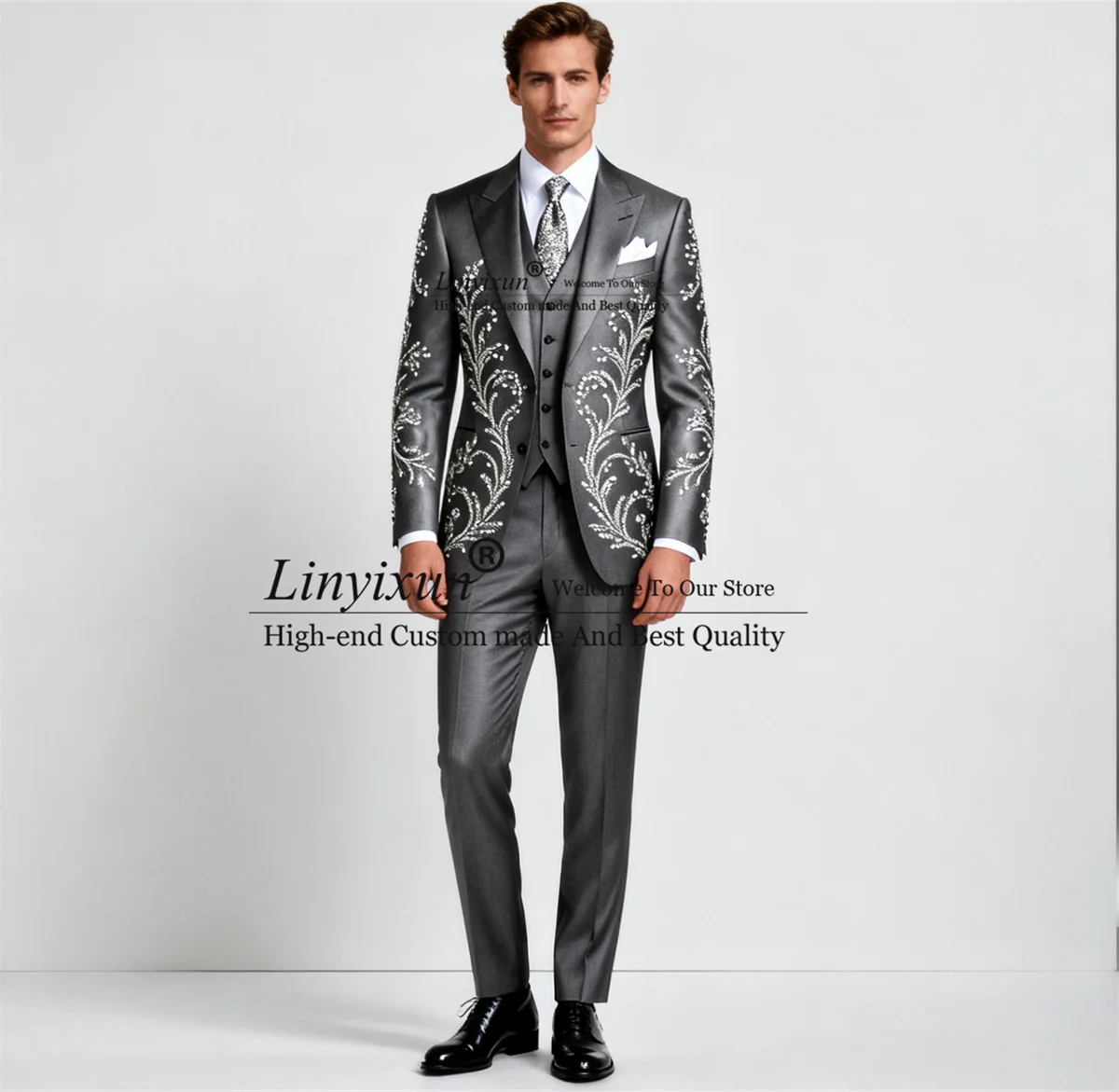 

Formal Business Men Suits 3 Pieces Sets Wedding Party Tuxedos Customized Groom Slim Beaded Crystals Male Blazer Ropa Hombre