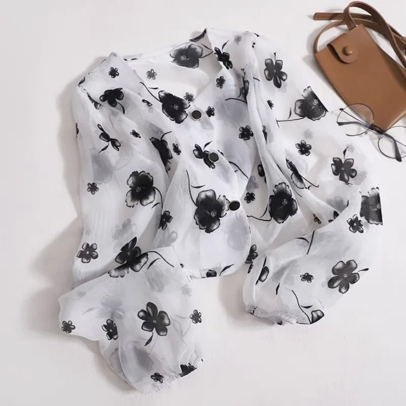 

Весенне-осенняя однобортная шифоновая рубашка с длинными рукавами и контрастными цветами в корейском стиле с круглым вырезом и принтом в стиле ретро