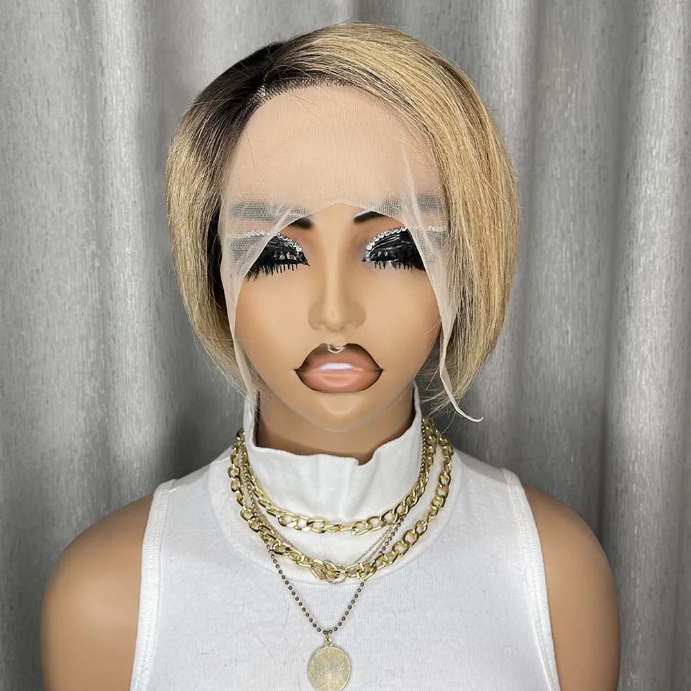 T-اللون عابث قطع الدانتيل شعر مستعار أمامي شعر الإنسان قصير مستقيم الذهبي بوب 13x1 T-جزء الدانتيل الباروكات الأمامية للنساء السود #1