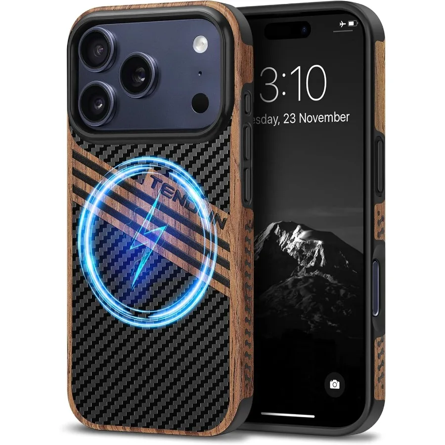 

Magnetic Case Compatible with iPhone 17 Pro featuring Wood Grain and Carbon Fiber Texture Design Leather Hybrid Slim Cover with