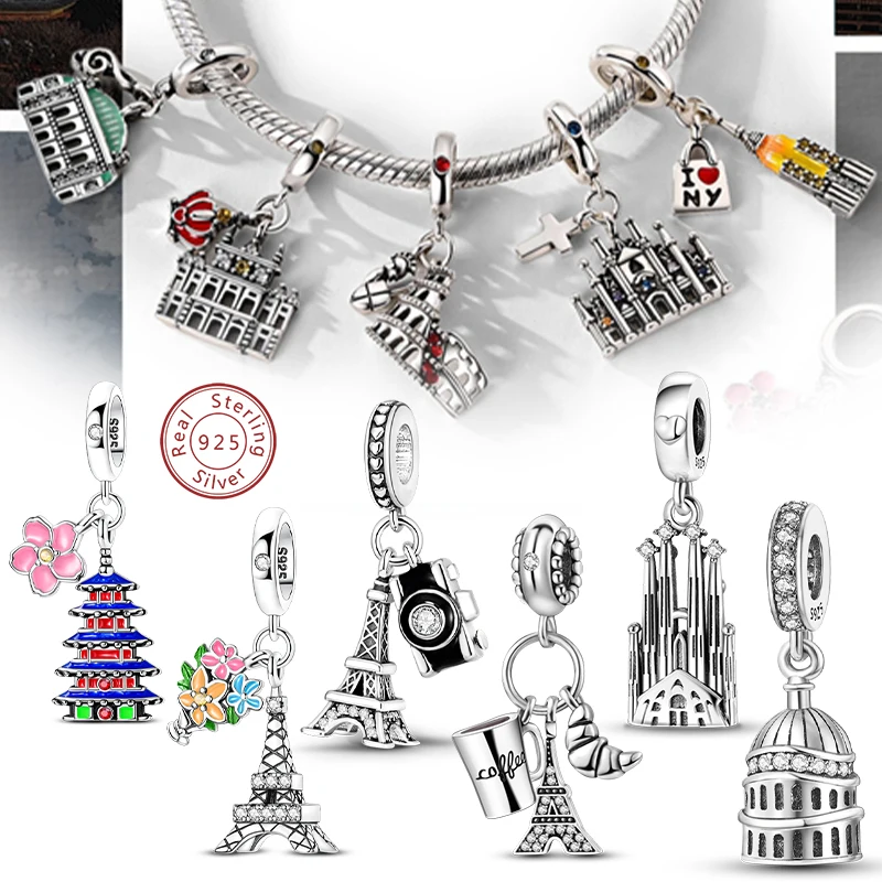 Original 925 Sterling Silver Charms Beads Paris Eiffel Castle Church Pendant Fit Bracelet Bangle Pendant Women DIY Jewelry Gift