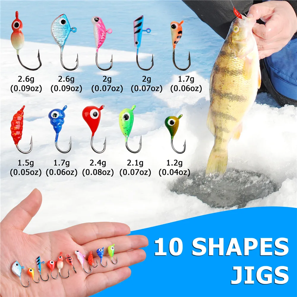 12 pièces hiver leurre de pêche sur glace gabarits de glace pour Crappie bar Panfish 1.2g-2.6g appât artificiel dur gabarit tête crochets Kit de pêche