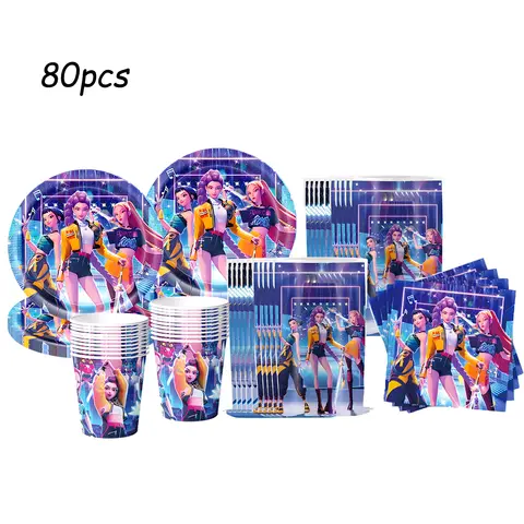 K pop chasseurs de démons thème décorations de fête d'anniversaire vaisselle tasse assiette sac cadeau paille en papier pour filles fournitures de réception-cadeau pour bébé