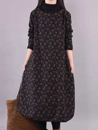 Coreano Sle talla grande mujer Dr estampado Floral Fce forrado cuello alto Midi Dr corte suelto Otoño Invierno