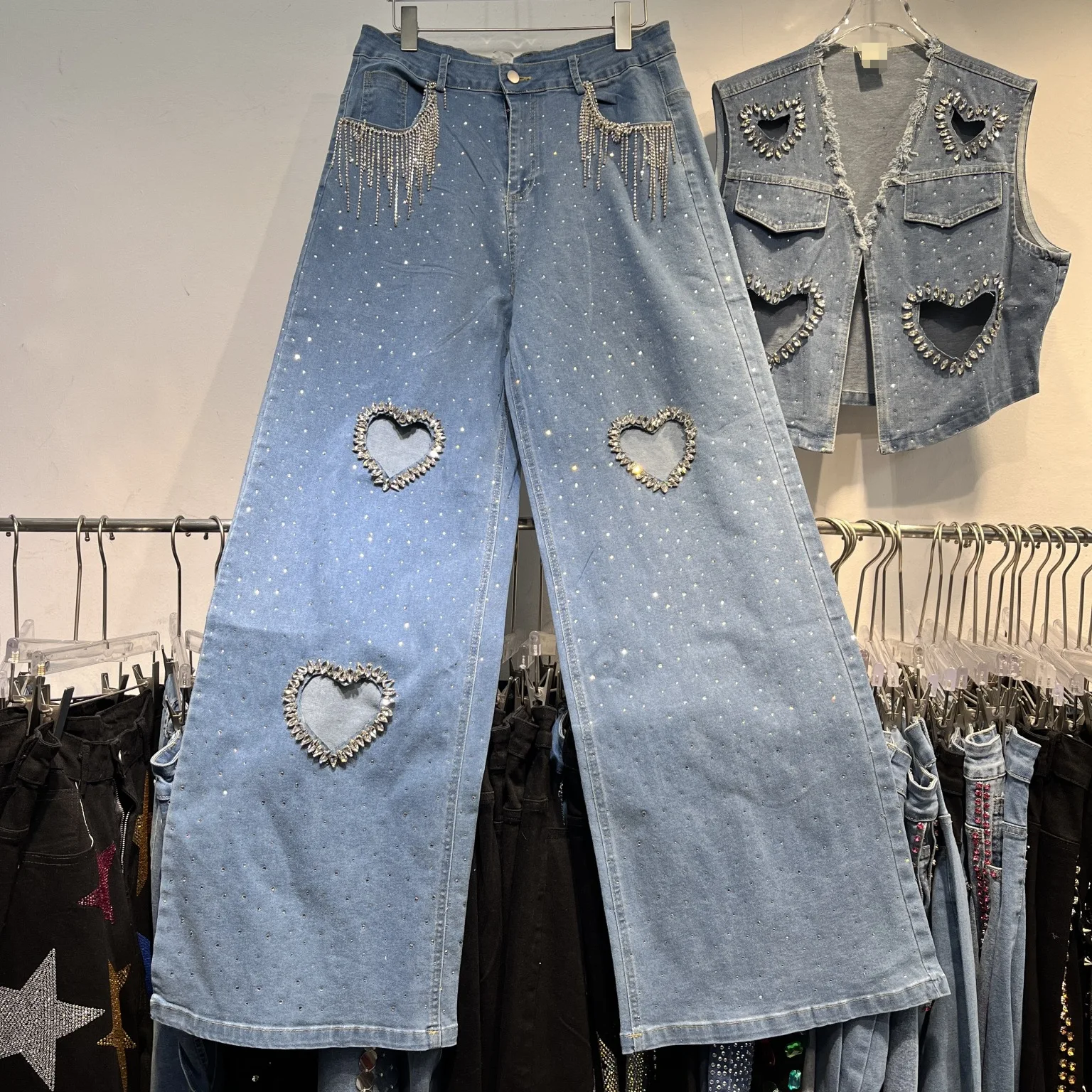 Women Hot Drilling Heart-shaped Hollow Out Washed Denim Waistcoat Diamonds Jeans Vest Love Cowboy Tank Tops + Rhinestone Pants