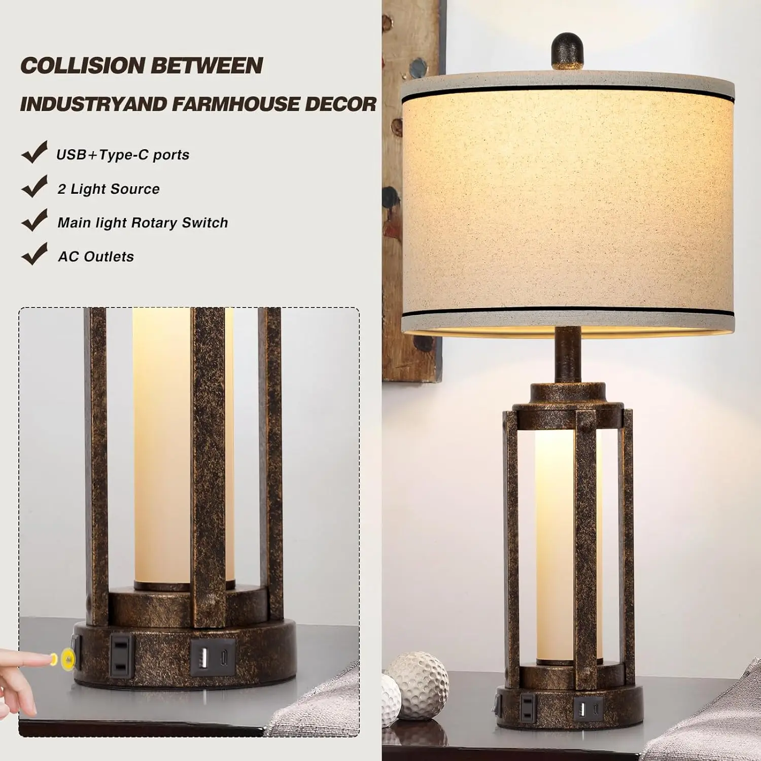 Lámpara de mesa vintage de granja con puertos USB A+C y toma de CA, luz nocturna LED rústica de 26', pantalla de lino, 2 bombillas incluidas