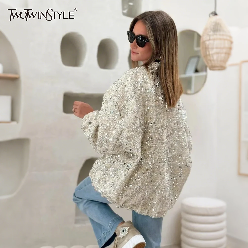 

TWOTWINSTYLE Glitter Spliced Silver Sequins Coat for Women Stand Collar Lantern Sleeves Pztchwork Zip Casual Jackets Female New