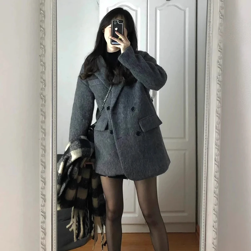 Grey Women's Woolen Jacket Korean Style Autumn Winter Medium Length Thick Loose Outerwear Chic Suit Coat for 2026