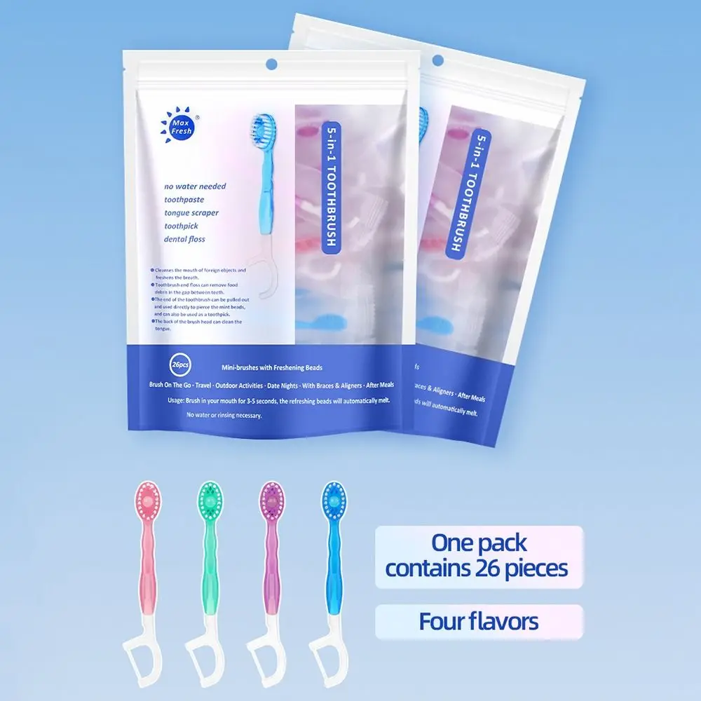 

26Pcs 5 in 1 Mini Travel Toothbrushes Creative Soft Toothbrush with Freshening Bead with Floss&Toothpaste&Tongue Scraper