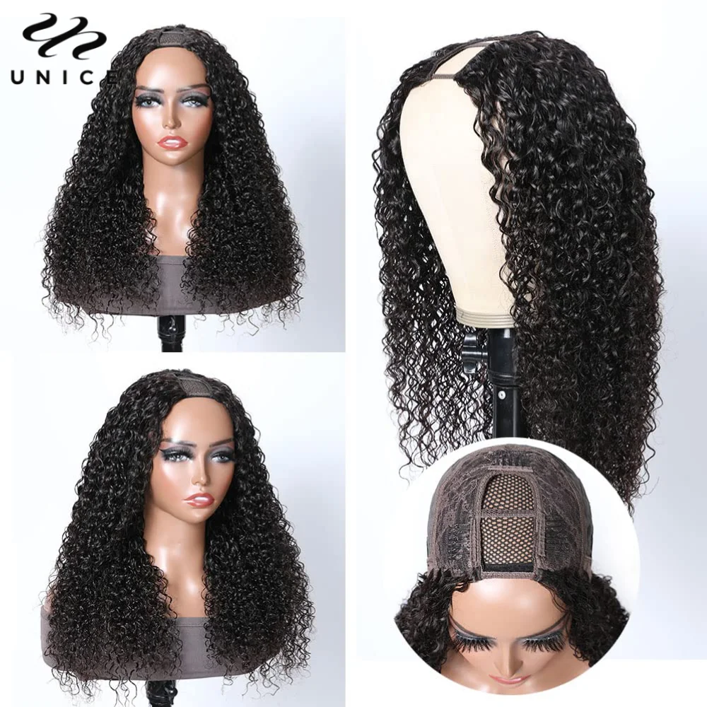 UNice Hair Jerry Curly U Part Wig Natural Color 100% Human Hair Wig Minimal Lave Out Glueless Wig Clearance On Sale