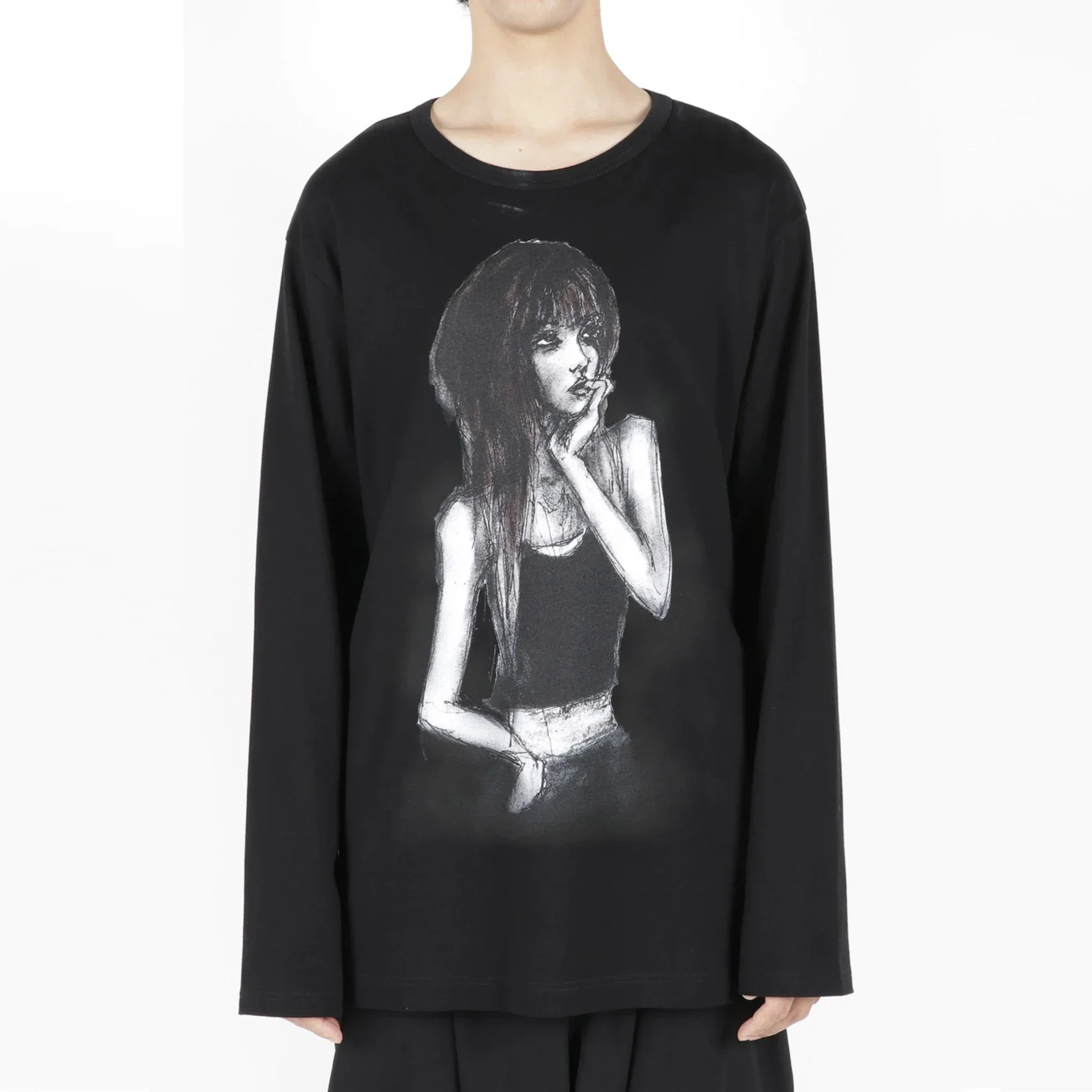 

YOJI OOAK черная футболка с длинными рукавами и загадочным принтом из чистого хлопка, темная повседневная свободная трикотажная футболка с круглым вырезом