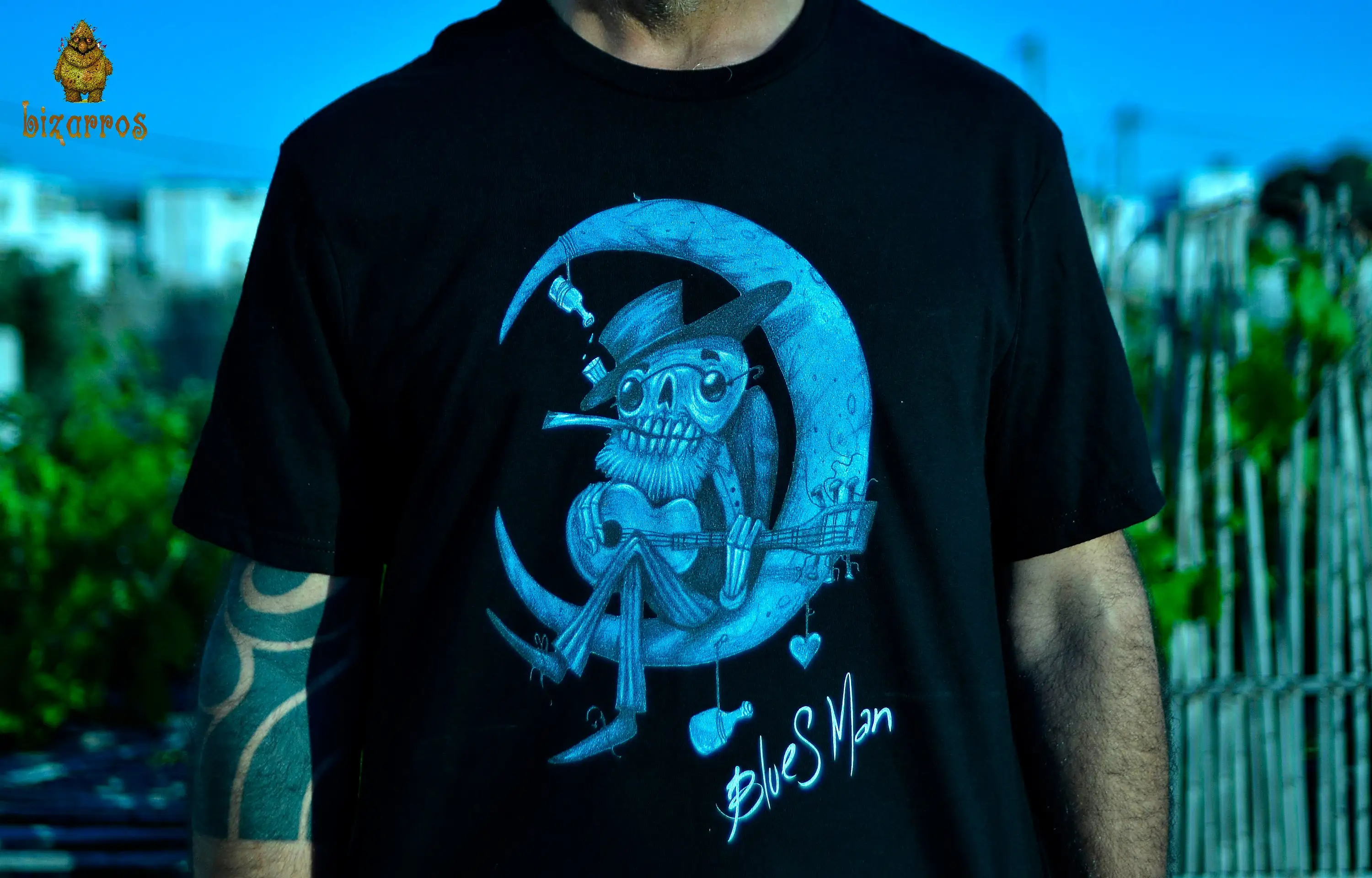 

BLUES MAN T shirt Black Skull Outfit Skeleton On The Moon Day Of Dead Casual