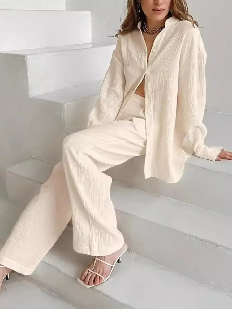 

Summer Cotton 2 Piece Sets Women Outfit 2025 Casual Long Sleeve Loose Blouse Tops And Wide Leg Tracksuits New In Pant Sets