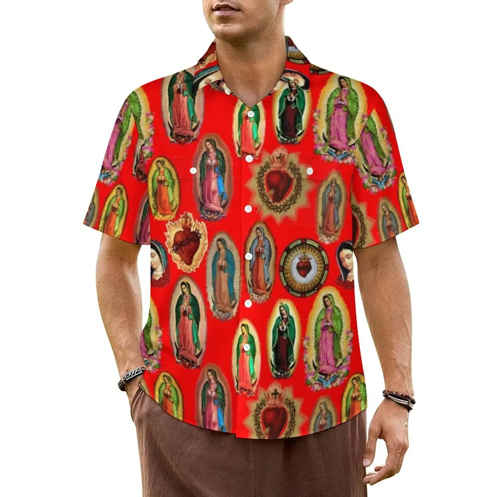 Virgin Mary Hawaii Shirt For Men Vacation Our Lady of Guadalupe Print Casual Shirts Short-Sleeve Design Elegant Oversize Blouses