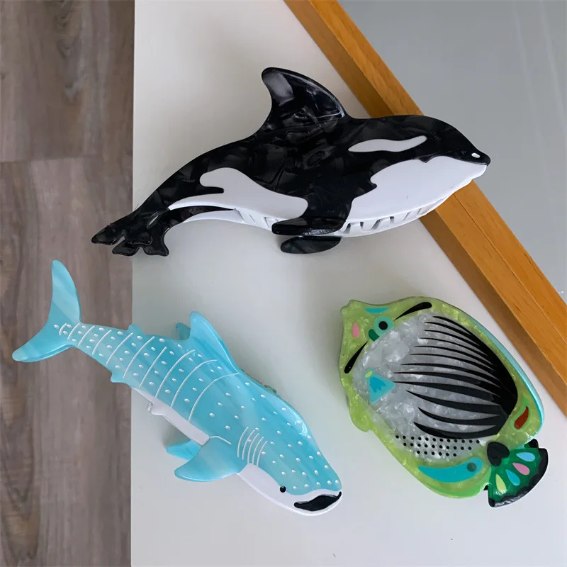 

2024 New Design Cartoon Marine Dolphin Shark Hair Clips Cute Whale Salmon Acetate Hair Claws Hairpins Accessories For Women