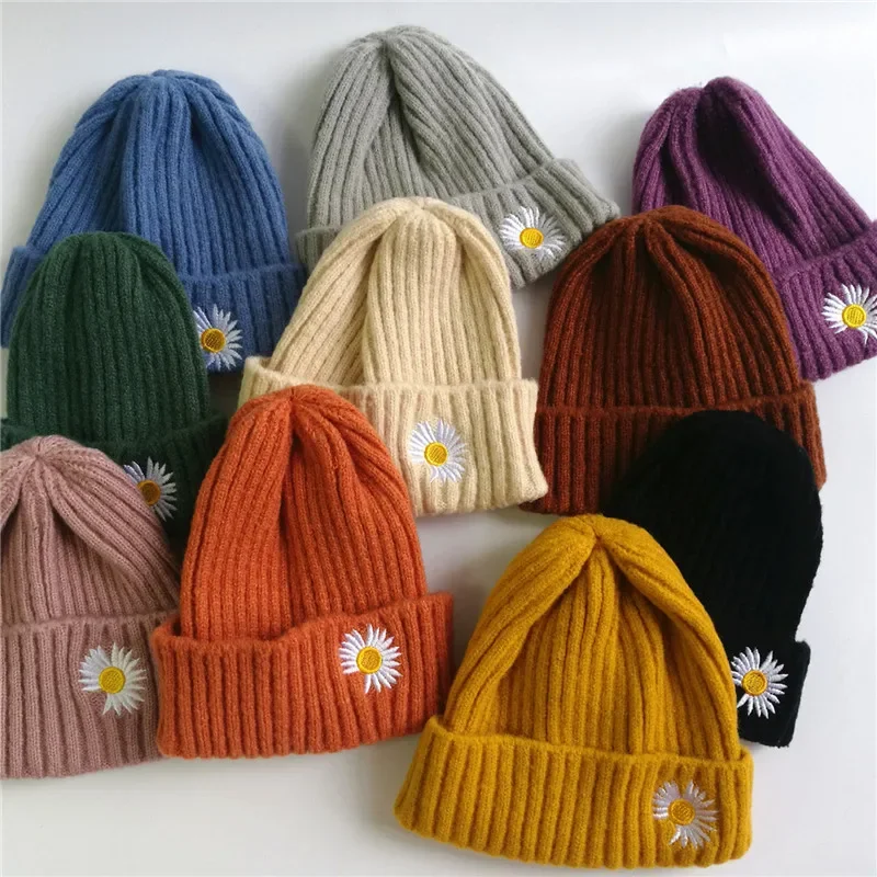 Fashion Skullies Beanies Daisies Flower Embroidery Winter Hats For Baby Warm Knitted Cap Cotton Fashion Sad Boy Cap Girls