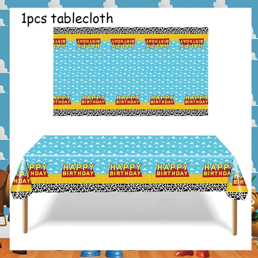 Toyss Inspired Birthday Party Story Tablecloth Cow Pattern Blue Sky and White Cloud Table Cover for Kids Baby Shower Decorations view 2