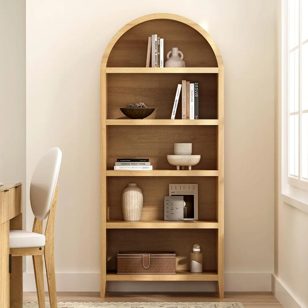 

71 Tall Arched Bookshelf, 5-Tier Farmhouse Large Open Display Cabinet, 71 Modern Wood Bookcase with Adjustable Shelves Organizer