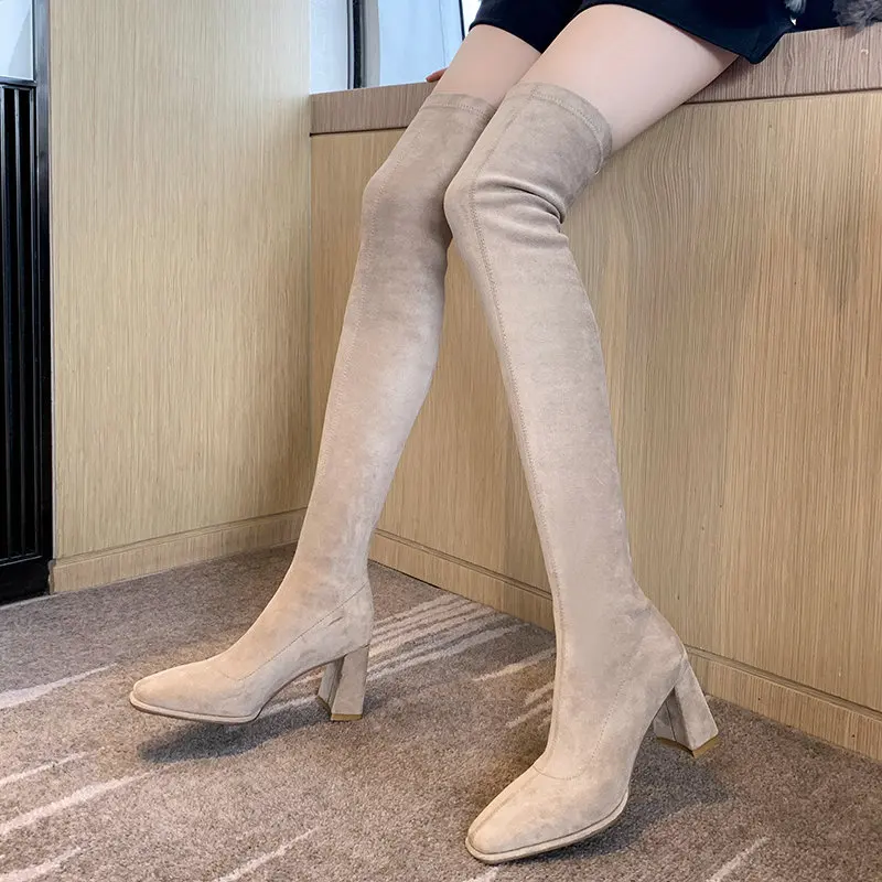 Chic Suede Leather Nude Color Block High Heels Woman Socks Long Bootines Sexy Over-the-knees Shoes Winter Autumn Overknees Boots