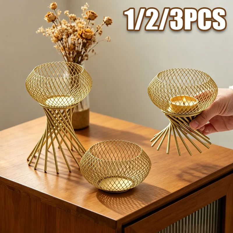 Golden Wire Mesh Lantern Candle Holder Set Hollow Diamond Grid Metal Candle Decor for Dining Table