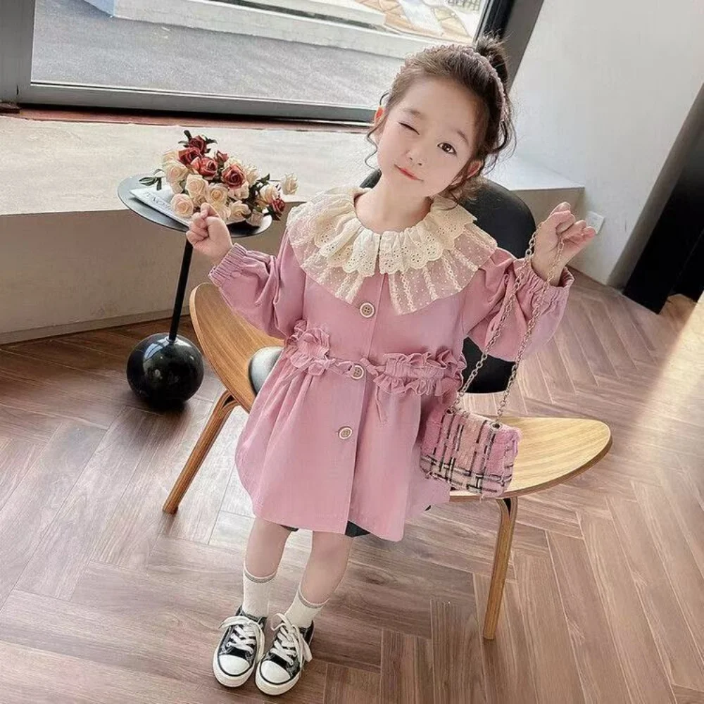 Girls' Spring and Autumn Windbreaker Jacket 2025 New Style Children's Elegant Lace Collar Female Baby Drawstring Jacket Top