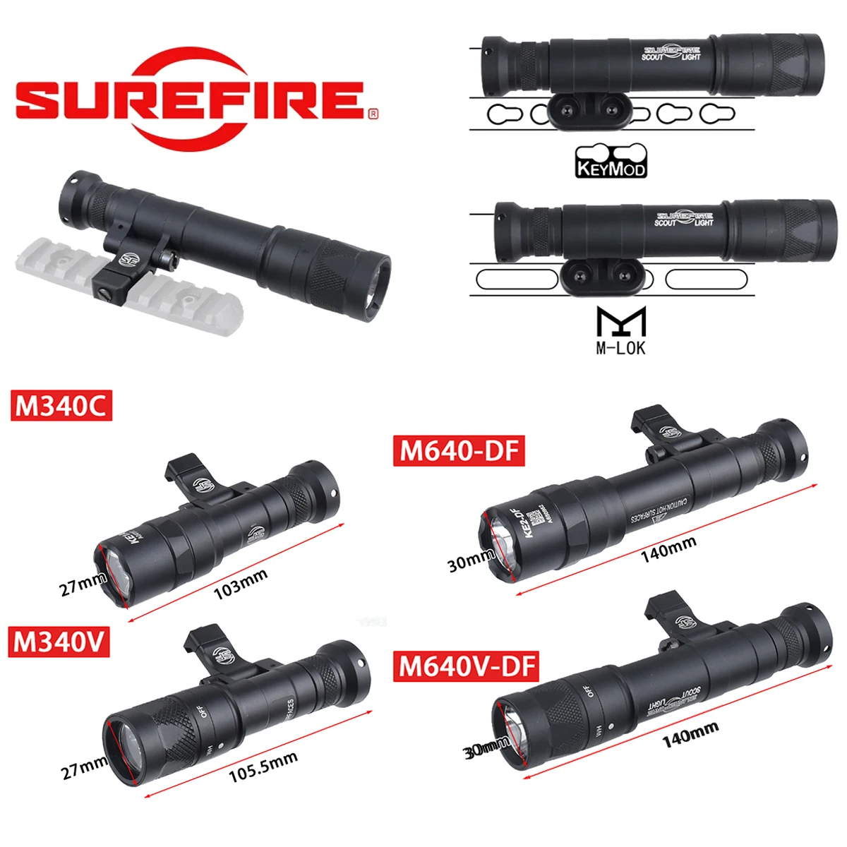 Surefire M340 M640 DF Flashlight M340V M640V Strobe No IR 20mm Rail Keymod M/K Mount Tactical Hunting Airsoft Led Scout Light view 2