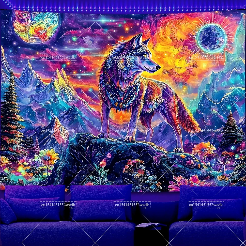 UV Reactive Wolf Blacklight Tapestry Neon Mountains Moon Fluorescent Tapestry Party Backdrop Aesthestic Glow In The Dark Posters