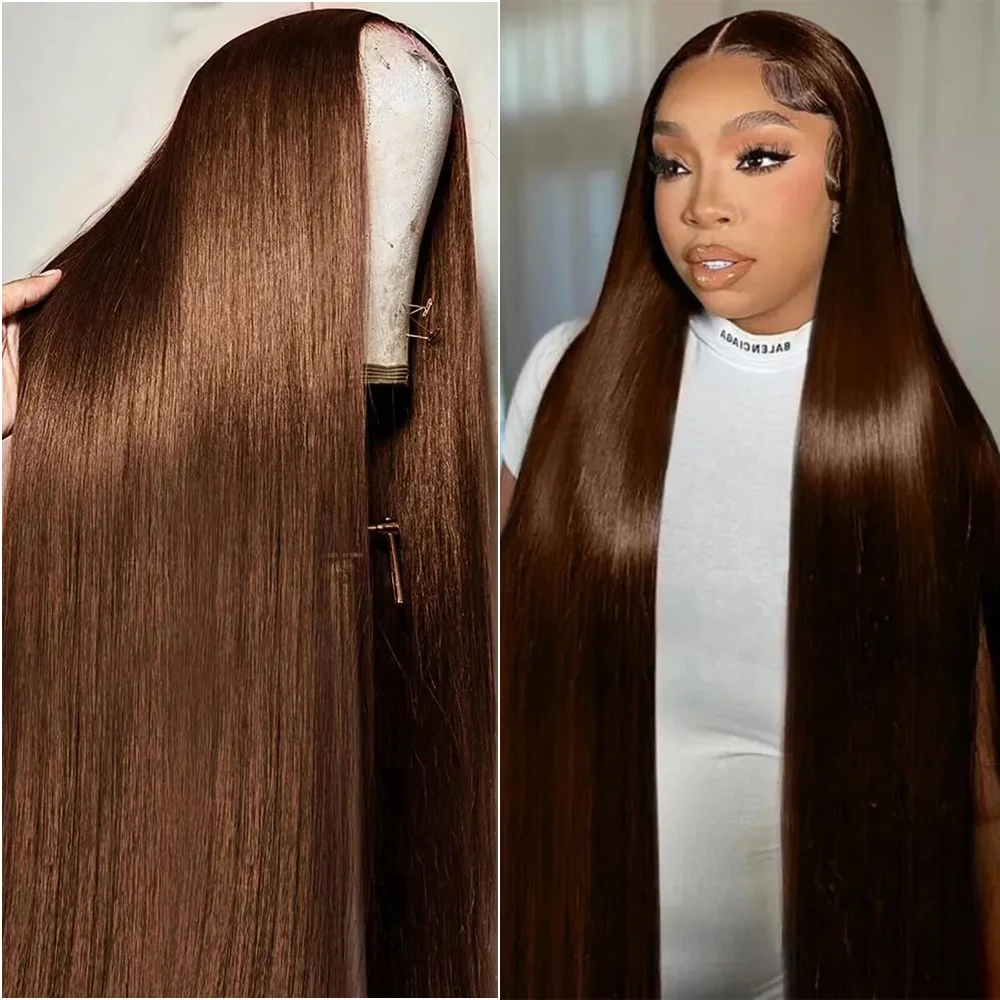 

40 Inch Chocolate Brown Bone Straight 100% Human Hair Brazilian Lace Wigs 200% Density 13x4 13x6 HD Lace Frontal Wig Pre Plucked