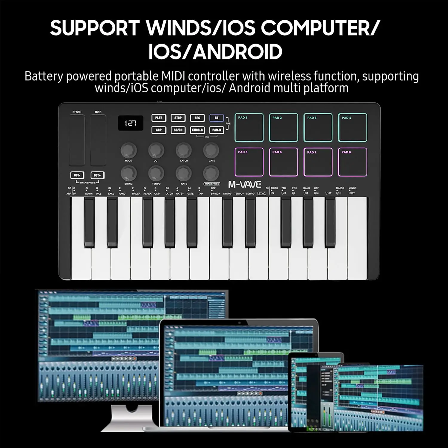 M-VAVE SMK-25 MIDI Keyboard Controller With 25 Velocity Sensitive Keys 8 Backlit Drum Pads, Wireless Piano Keyboard image 5