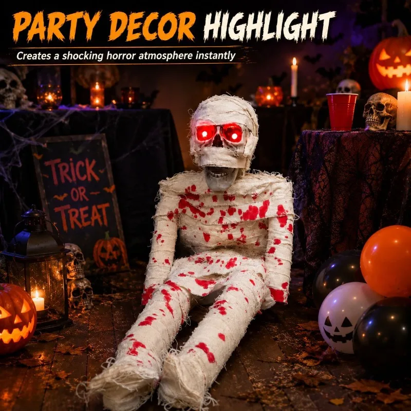 Scary Halloween Outdoor Garden Decor Bloody Sitting Mummy Prop Red LED Light Eyes Skeleton Haunted House Yard Horror Decoration