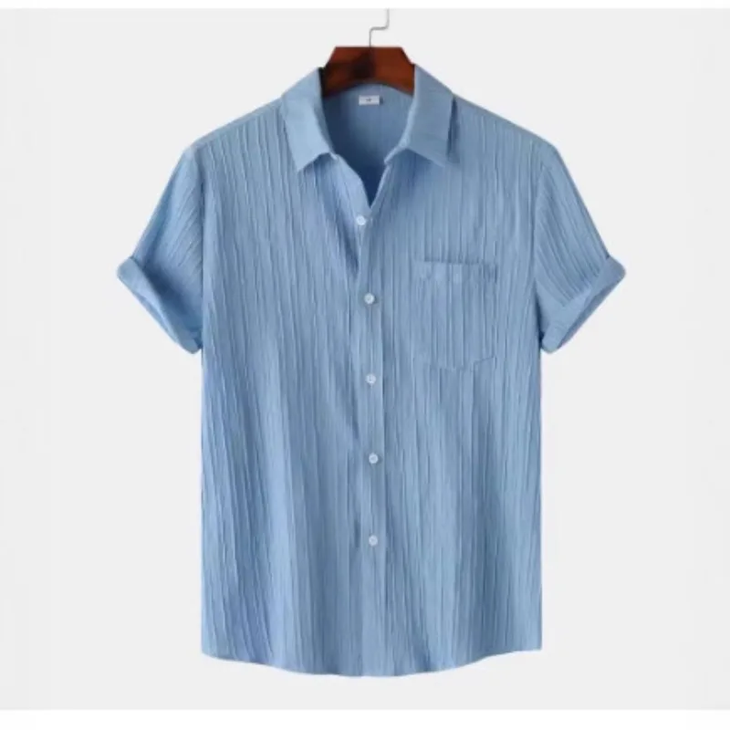 Men's Short Sleeve Shirt 3D Textured Linen Look Summer Casual Button Down