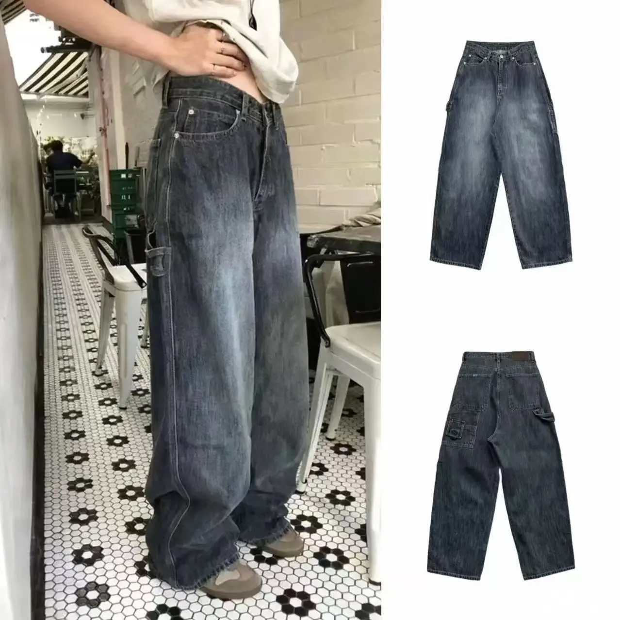 

Retro Waed Fce Lined Wide Leg Loose Fit Slimming Jeans High Waist Zipper Closure Ladies Winter Faion Versatile Workwear