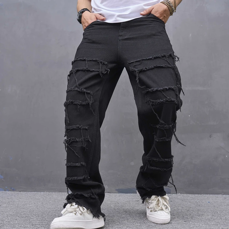 

Europe United States Loose Black Men's Wide-Leg Jeans Personality Fashion Trend Hip Hop Mid-Waist Casual Pants