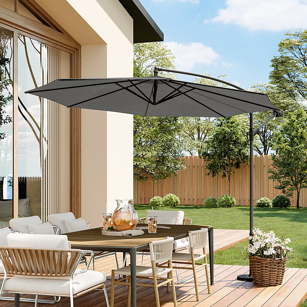 3M Large Garden Hanging Parasol Cantilever Sun Shade Patio Banana Umbrella No Base, Dark Grey /Black