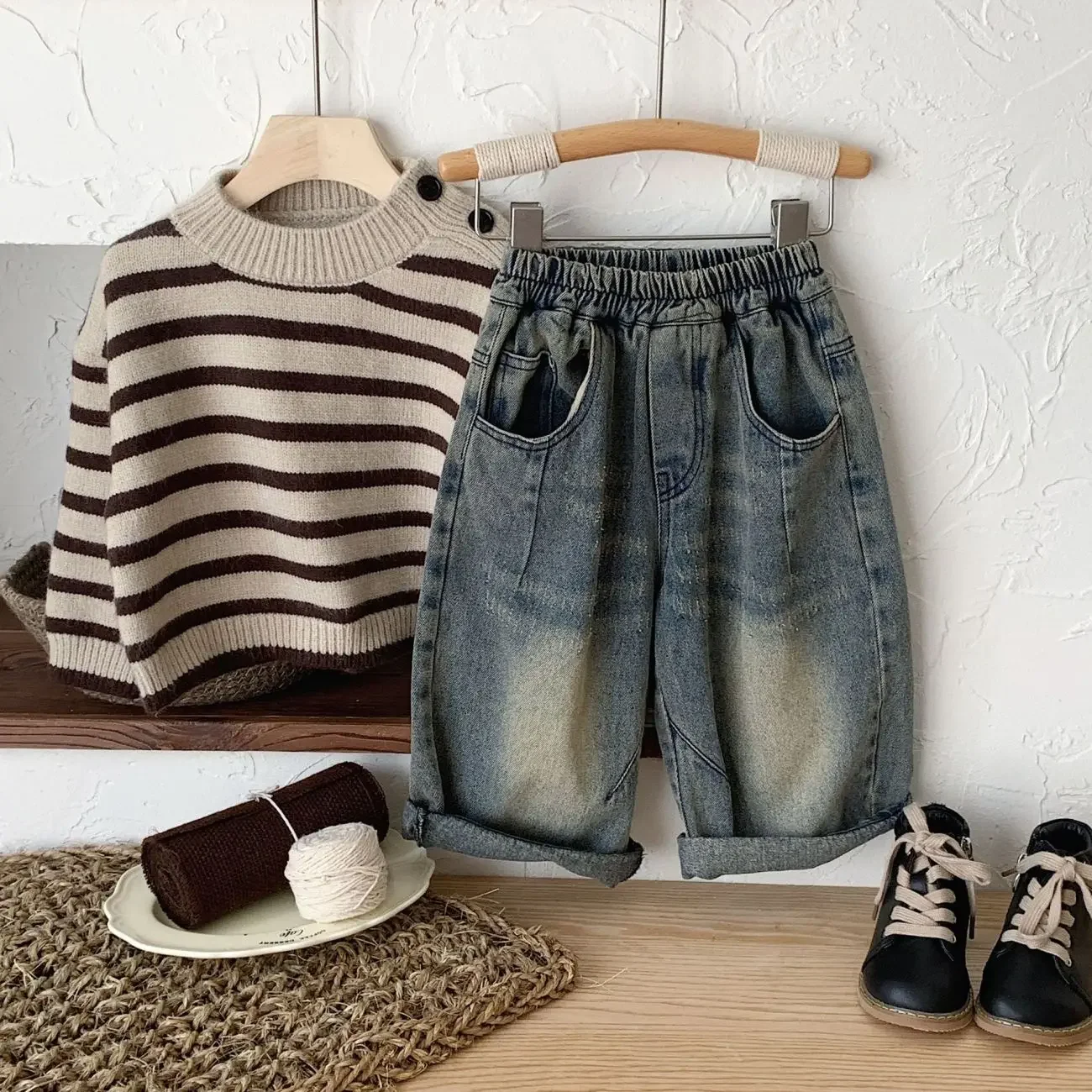 الأطفال الجينز الربيع والخريف الفتيان والفتيات الرجعية مستقيم السراويل 80-130 سنتيمتر ملابس الاطفال #4