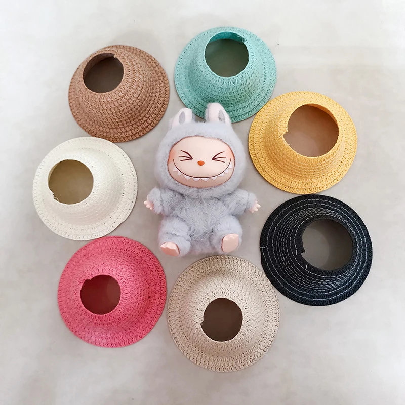 Sombrero de Labubu para fiesta sentada, sombrero de paja abierto, sombrero tejido, accesorios de ropa de fiesta Labubu, traje de Labubu de estilo campestre