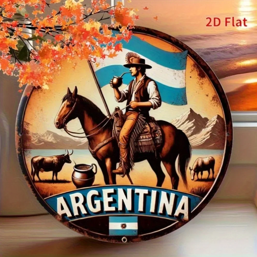 Arte de pared con tema de la Pradera Argentina 2d: características de vaquero, té y bandera de Mate | Ideal para restaurantes argentinos, hogares | Regalo único"