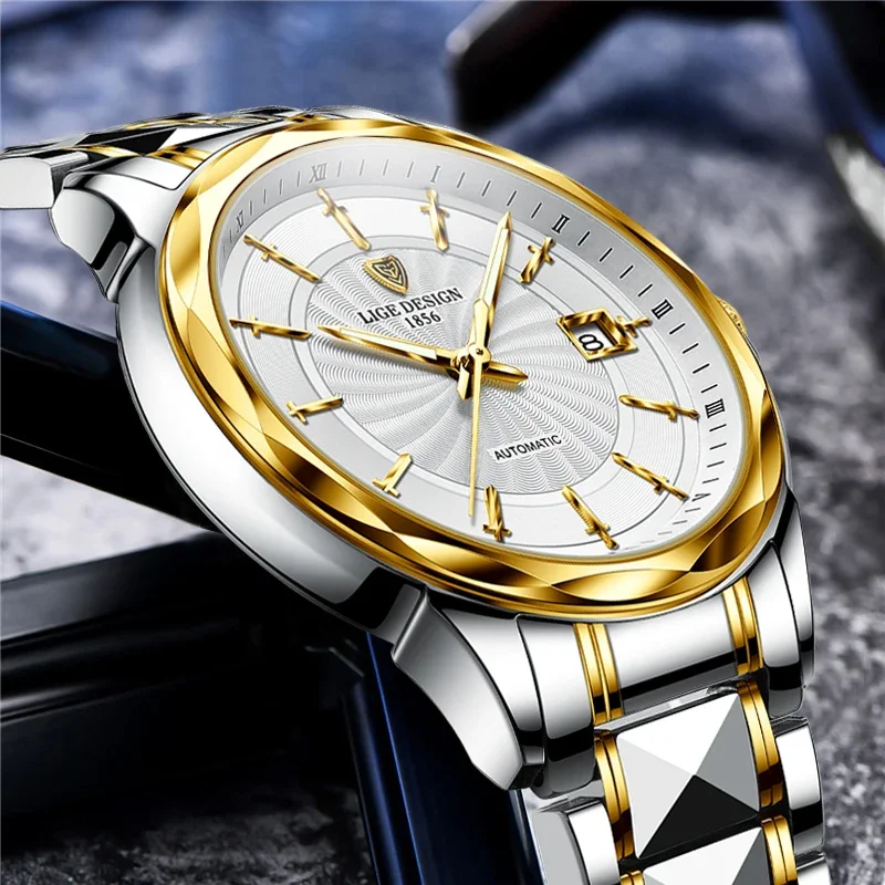 LIGE New Sword-Shaped Pointer Automatic Mechanical Watch Luxury Tungsten Steel 50m Waterproof Business Watch for Men Wristwatch