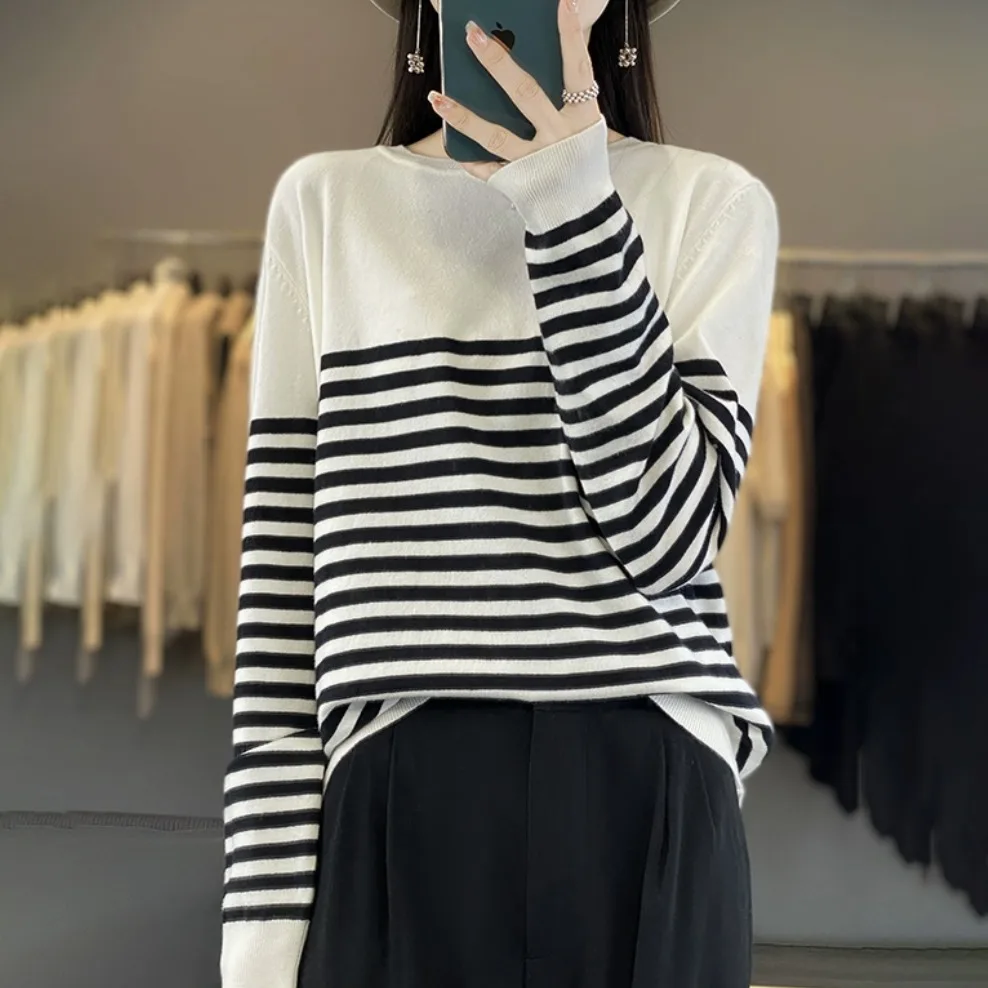 

Магазин Outlet, женский трикотаж Camere, полосатый цвет, базовый слой, свитер, свободный крой, яркие зубчатые детали